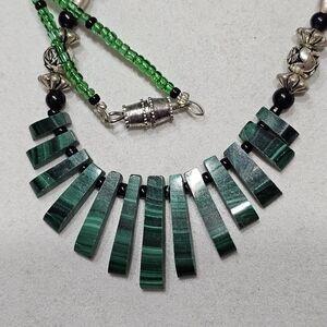 Malachite Necklace with Onyx, Glass, and Silver Beads